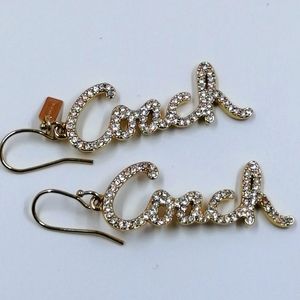 Authentic Coach Cursive Logo Dangle Earrings With Swarovski Crystals & Logo Tag